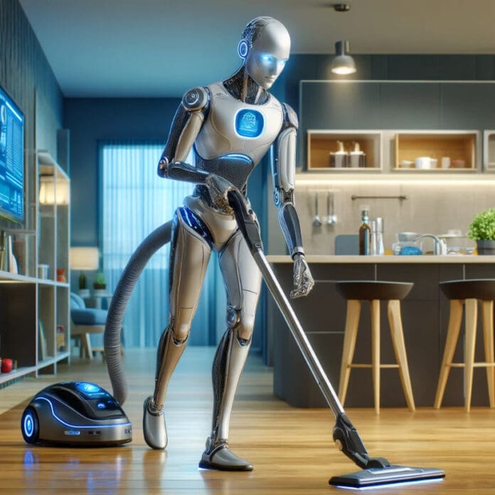 DALL·E 2025-02-17 13.25.14 - A futuristic humanoid robot performing home chores. The robot has a sleek, metallic design with glowing blue eyes and articulated joints. It is vacuum